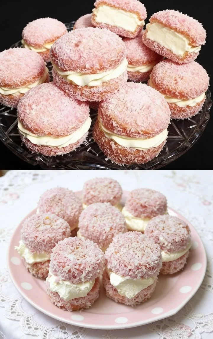 Himbeer-Kokos-Küchlein auf einem Teller, dekoriert mit frischen Himbeeren und Kokosraspeln