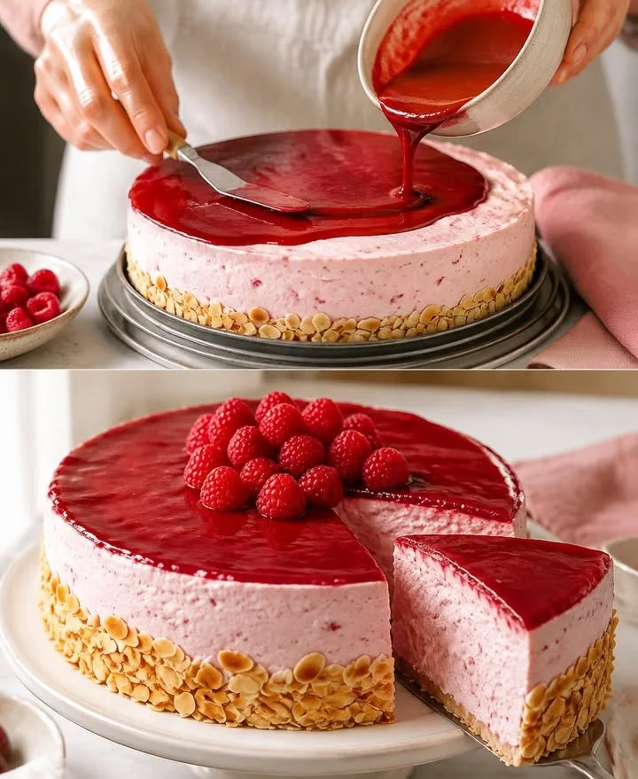 Himbeerkuchen ohne Zucker und Mehl auf einem Teller serviert