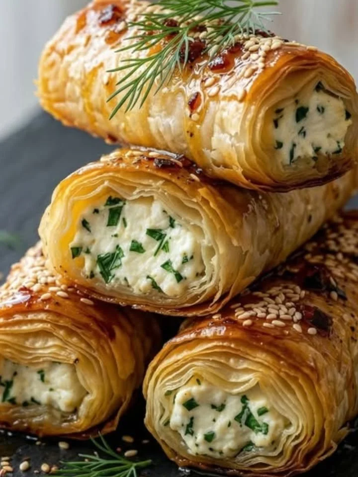 Köstliche Honig-Chili-Feta-Rollen auf einem Teller serviert.
