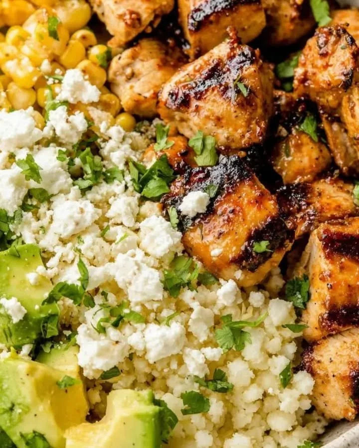 Honig-Chipotle-Hühnchen-Schalen mit frischen Zutaten serviert