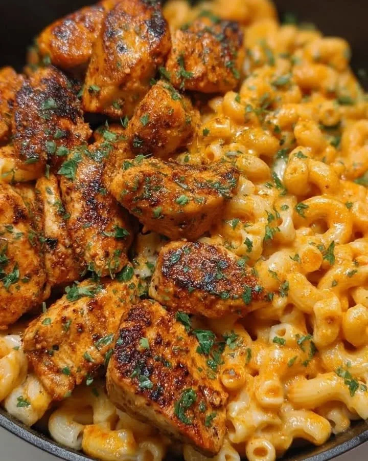 Honig-Knoblauch-Butter-Hühnchen mit cremigem Mac & Cheese auf einem Teller