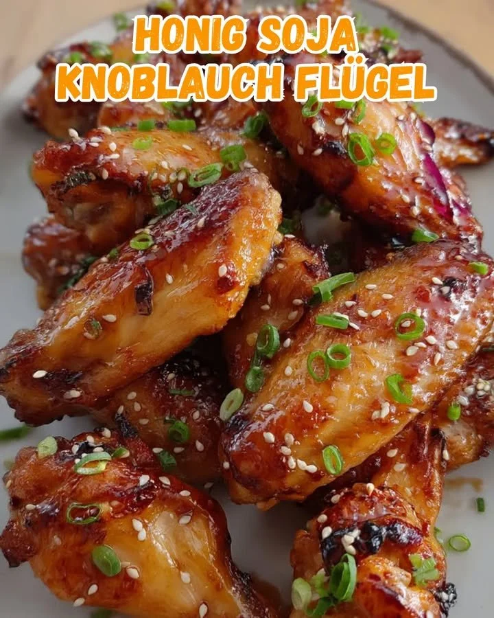 Honig-Soja-Knoblauch-Flügel mit Sesam auf einem Teller serviert