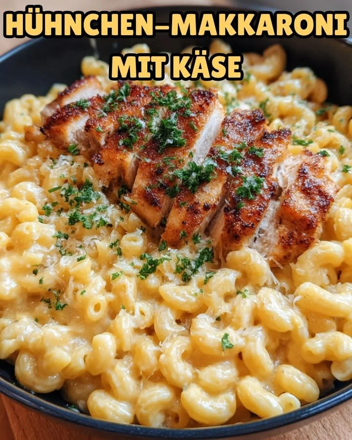 Hühnchen-Makkaroni mit Käse auf einem Teller serviert