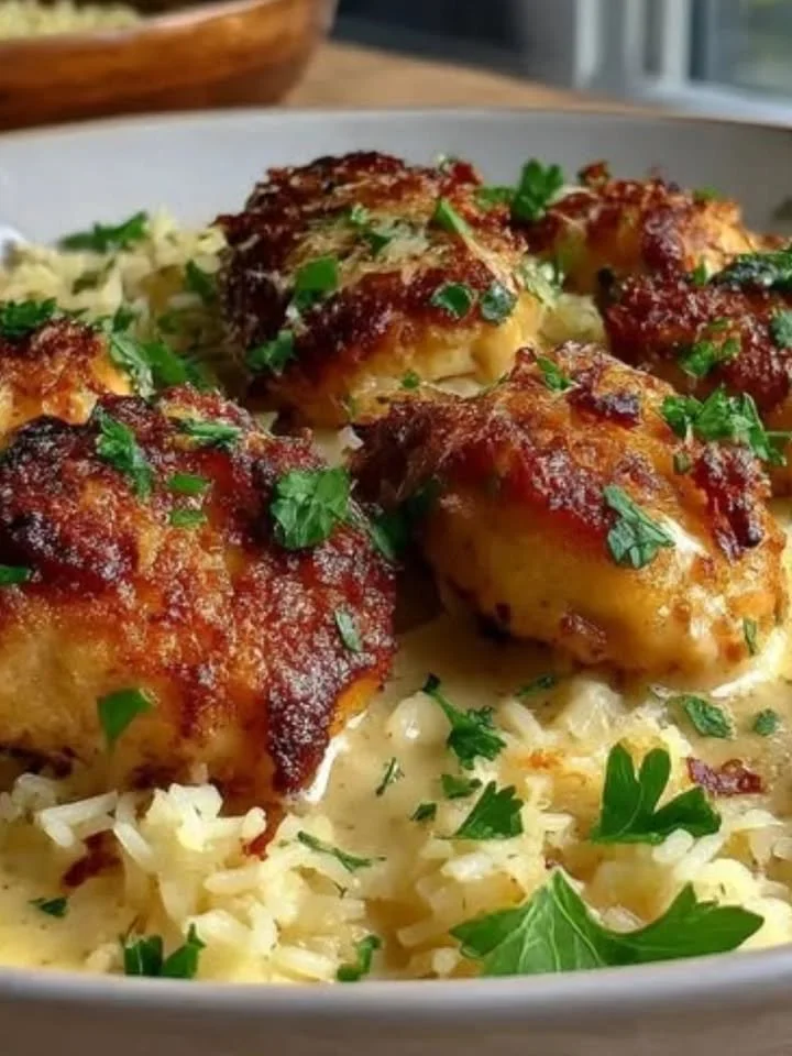 Hühnchen Scampi mit aromatischem Knoblauchreis auf einem weißen Teller serviert.