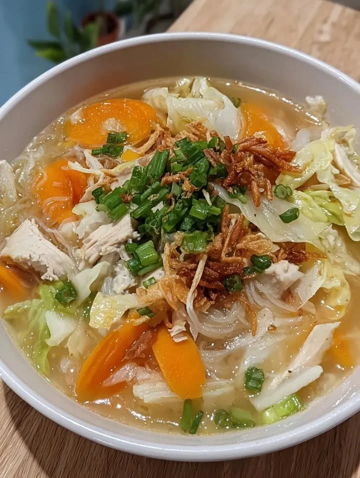 Schüssel mit Hühnchen Sotanghon Suppe, ein köstliches philippinisches Gericht
