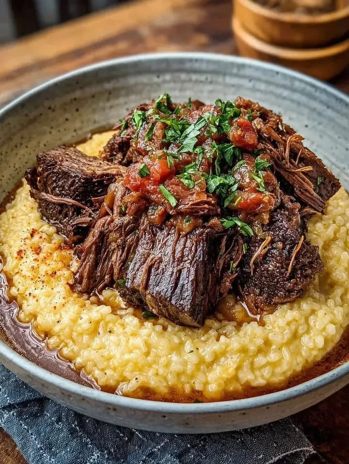 Italienischer Schmorbraten mit Parmesan-Risotto auf einem Teller
