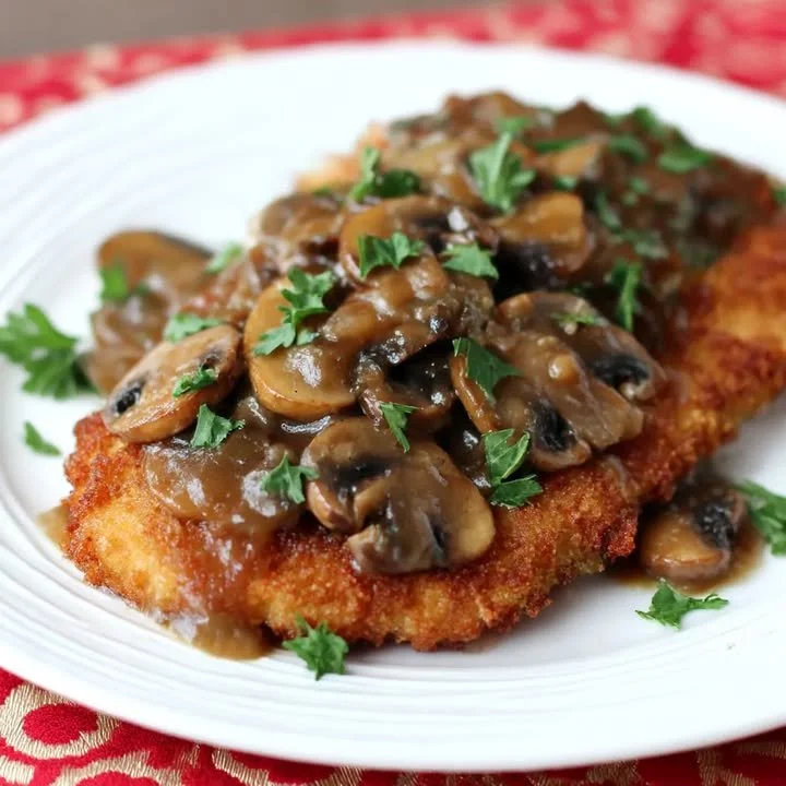 Jägerschnitzel mit cremiger Pilzrahmsauce auf einem Teller serviert