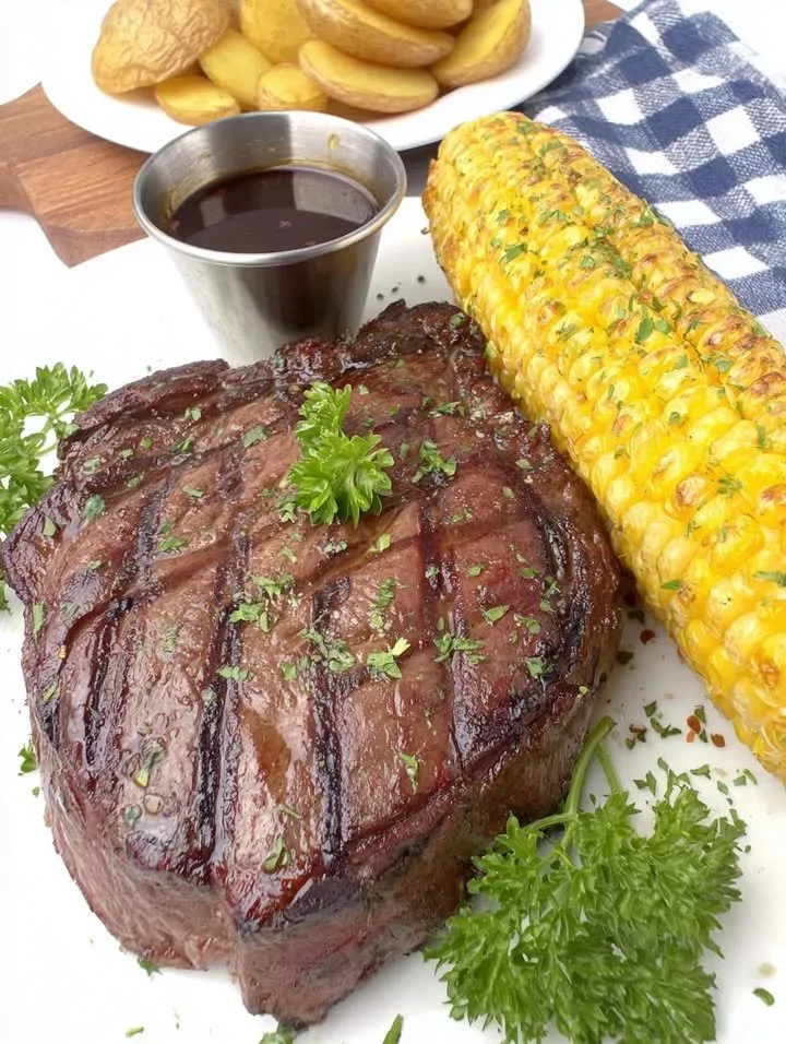 Saftiges Steak mit Zitronen-Pfeffer-Marinade auf einem Grillteller