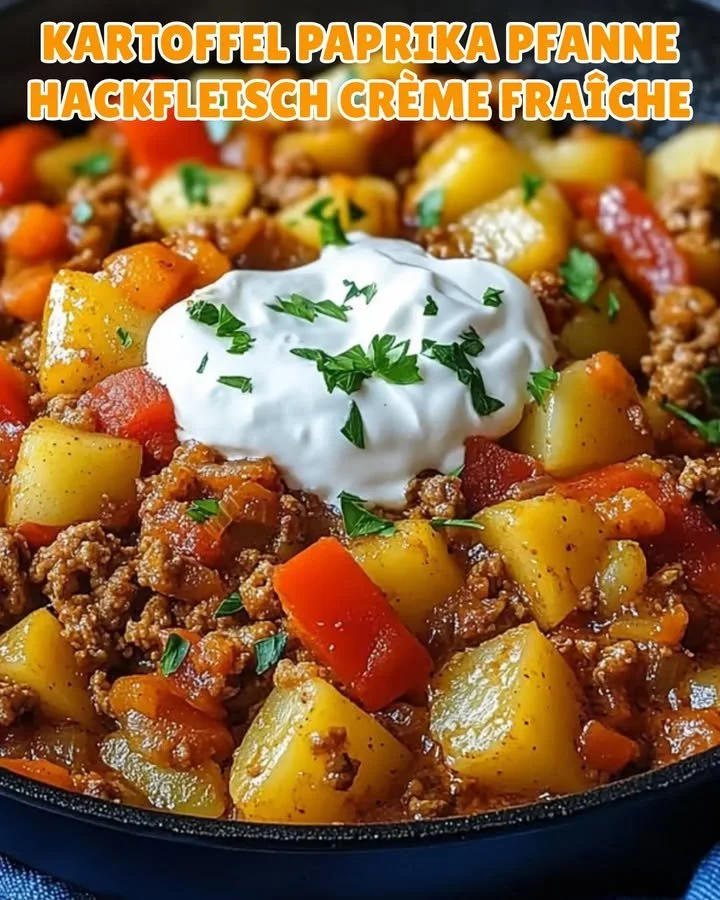 Leckere Kartoffel-Paprika-Pfanne mit Hackfleisch und Crème Fraîche auf einem Teller.