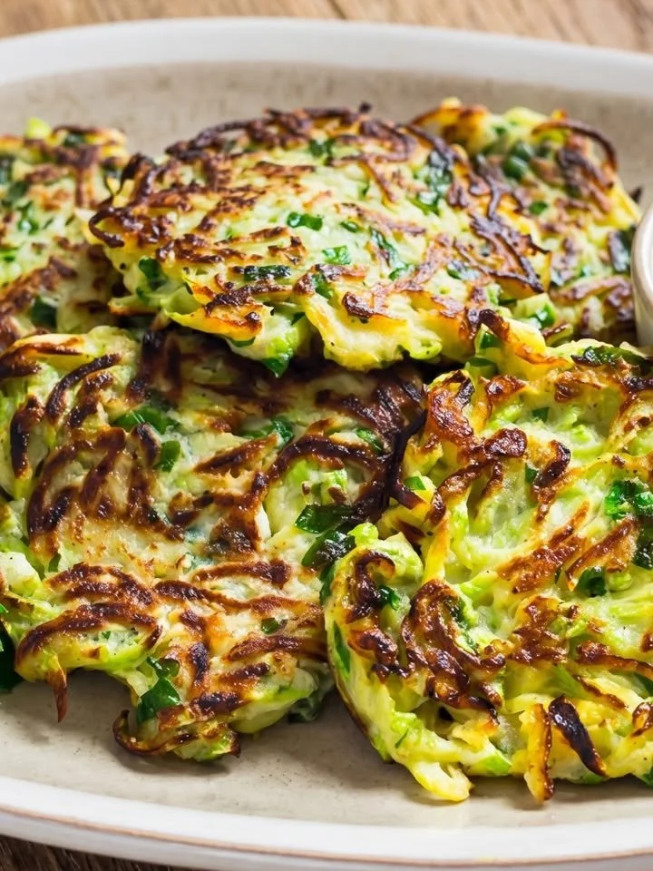 Knusprige Kartoffel-Zucchini-Puffer auf einem Teller serviert.