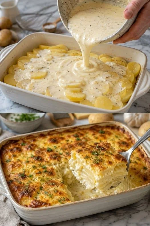 Aufnahme von frisch gebackenem Kartoffelgratin mit goldener Kruste und Kräutern