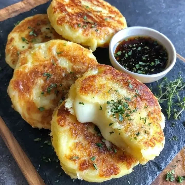 Käsegefüllte Kartoffelküchlein frisch aus dem Ofen serviert