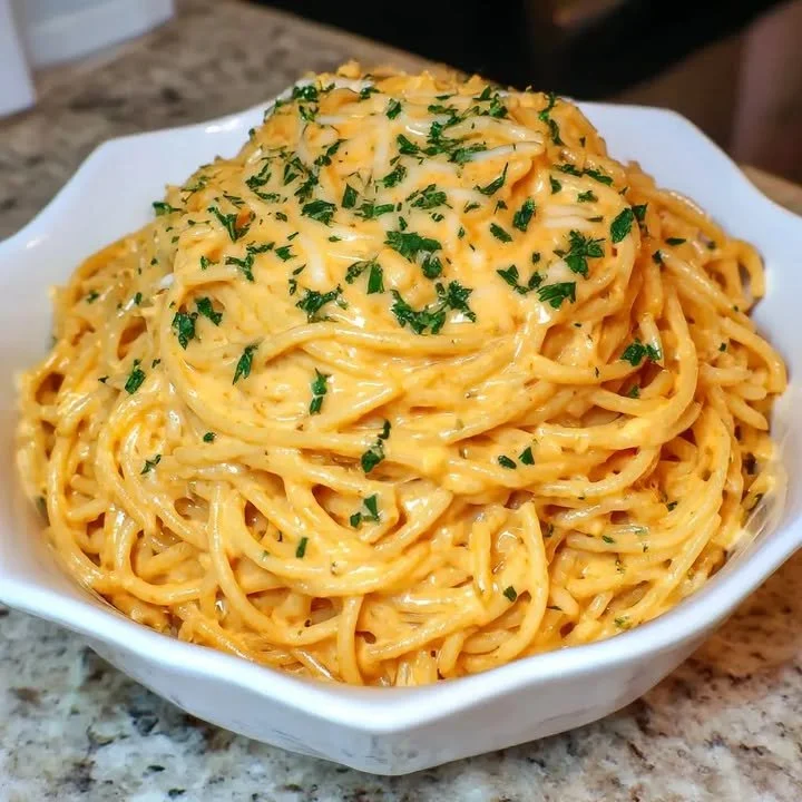 Käsige Knoblauch Parmesan Spaghetti auf einem weißen Teller mit frischem Schnittlauch