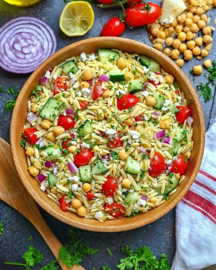 Kichererbsen-Orzo-Salat mit Feta und Zitronen-Dressing auf einem Teller