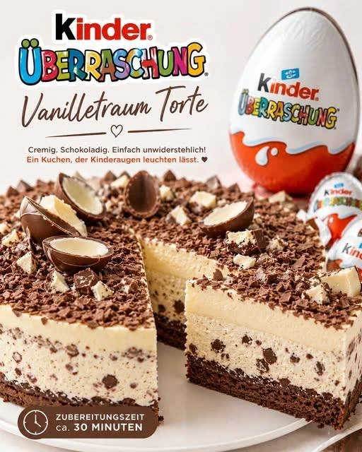 Leckere Kinder Überraschungsei Vanille-Torte mit cremigem Vanillegeschmack.