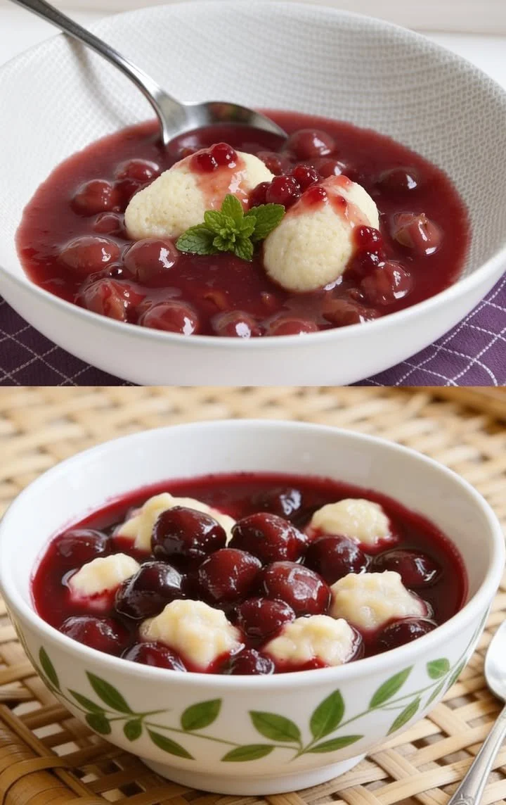 Schale mit Kirschsuppe und Klüten als Garnitur