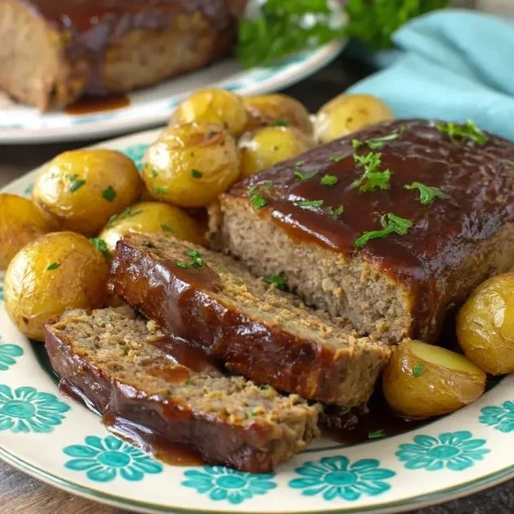 Klassischer Hackbraten mit Beilagen auf einem Holzbrett serviert