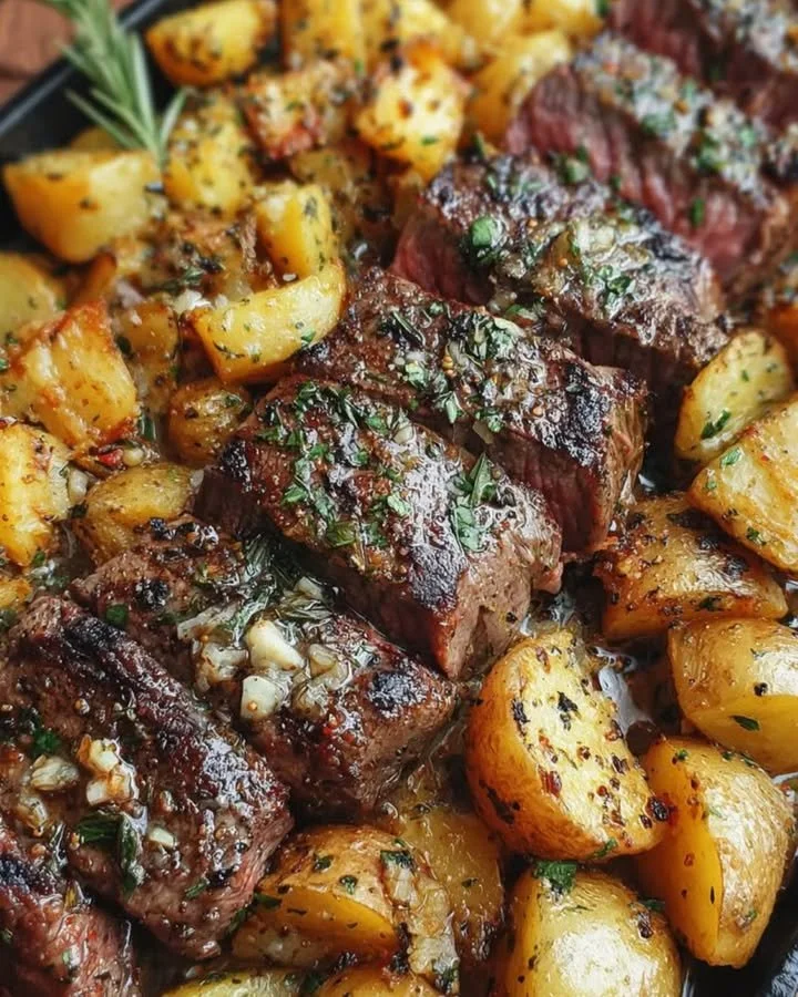 Knoblauch-Butter-Steak mit knusprigen Kartoffeln und frischen Kräutern