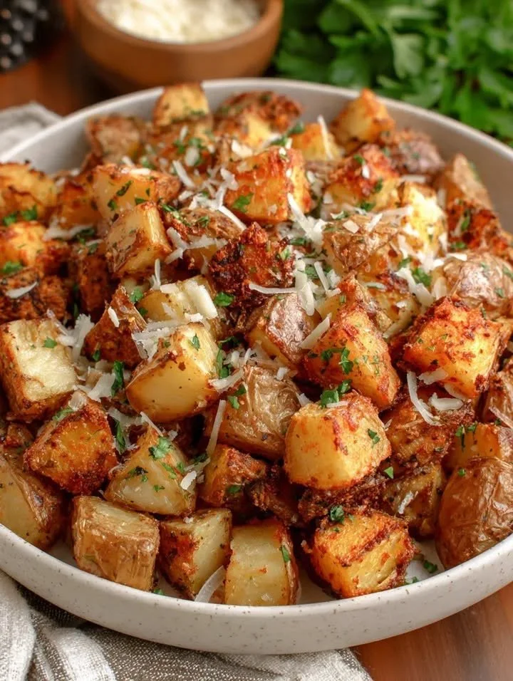 Köstliche Knoblauch-Parmesan-Kartoffeln frisch aus dem Air Fryer serviert.
