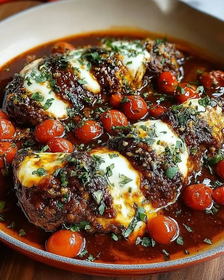 Knoblauch-Tomaten-Huhn mit Mozzarella auf einem Teller serviert