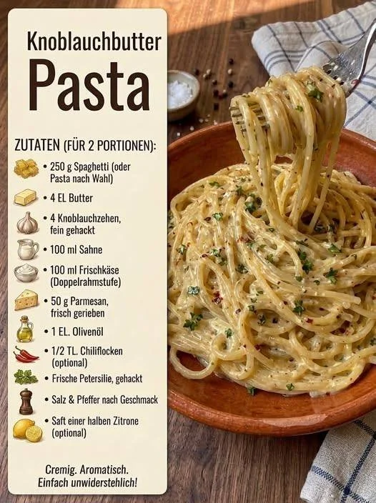 Eine Schüssel Knoblauchbutter-Pasta mit frischen Kräutern garniert