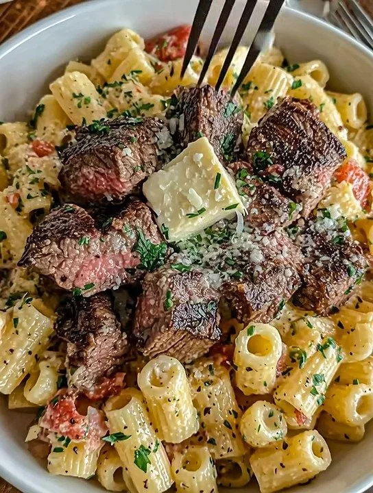 Knoblauchbutter-Steak mit Käse-Rigatoni auf einem Teller
