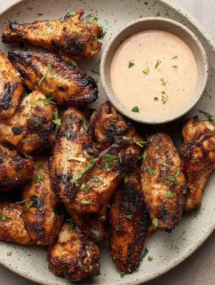 Knusprige gegrillte Hähnchenflügel auf einem Grill präsentiert
