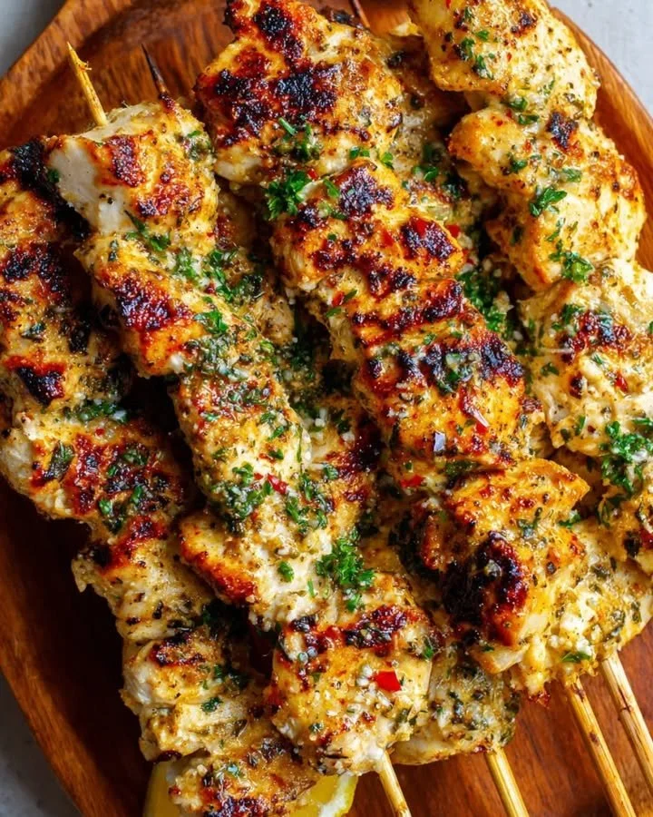 Knusprige Hähnchenspieße mit Knoblauch-Parmesan-Butter auf einem Grill