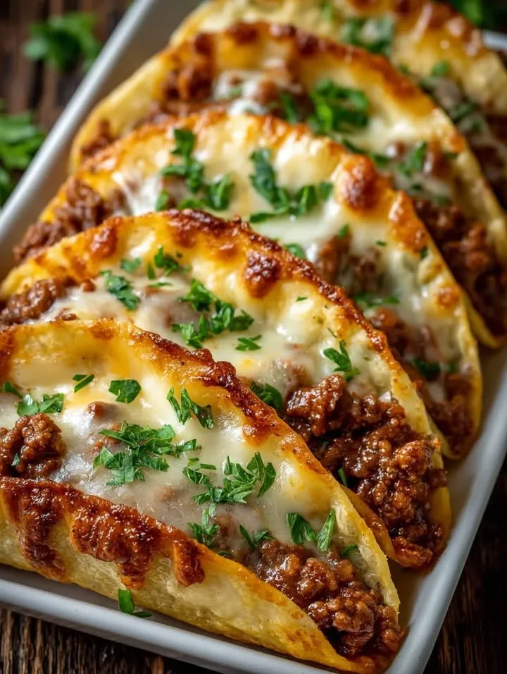 Knusprige, käseüberbackene Tacos mit schmelzendem Käse und frischen Zutaten.