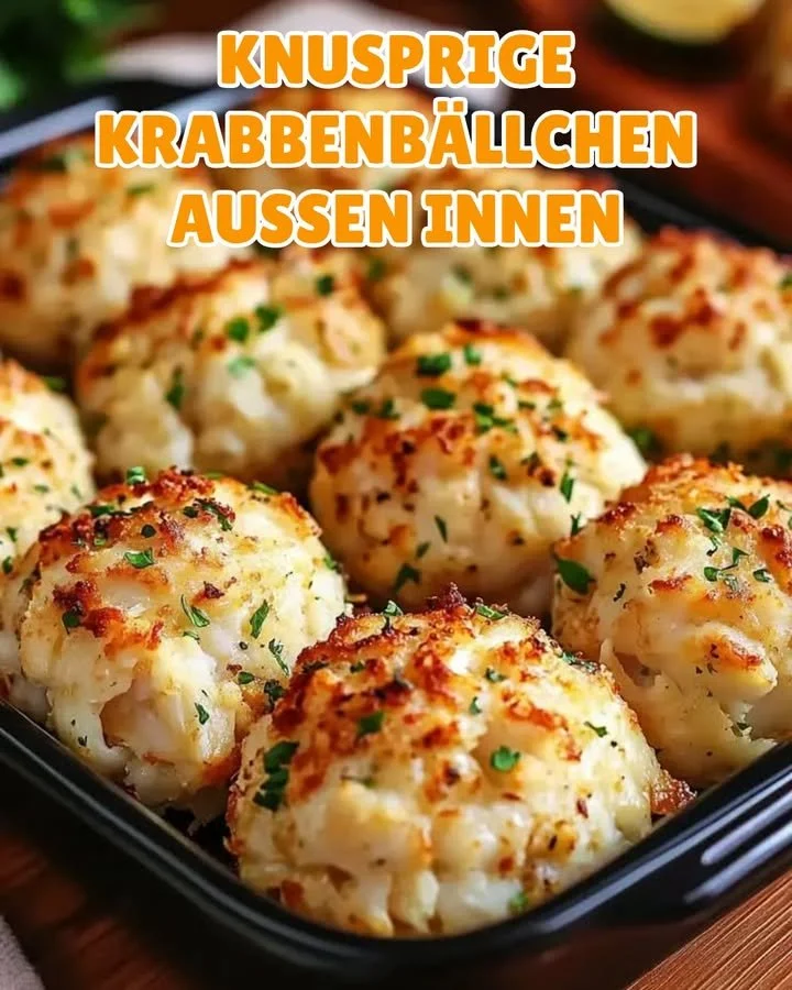 Knusprige Krabbenbällchen serviert mit Zitronen-Dip und Kräutern