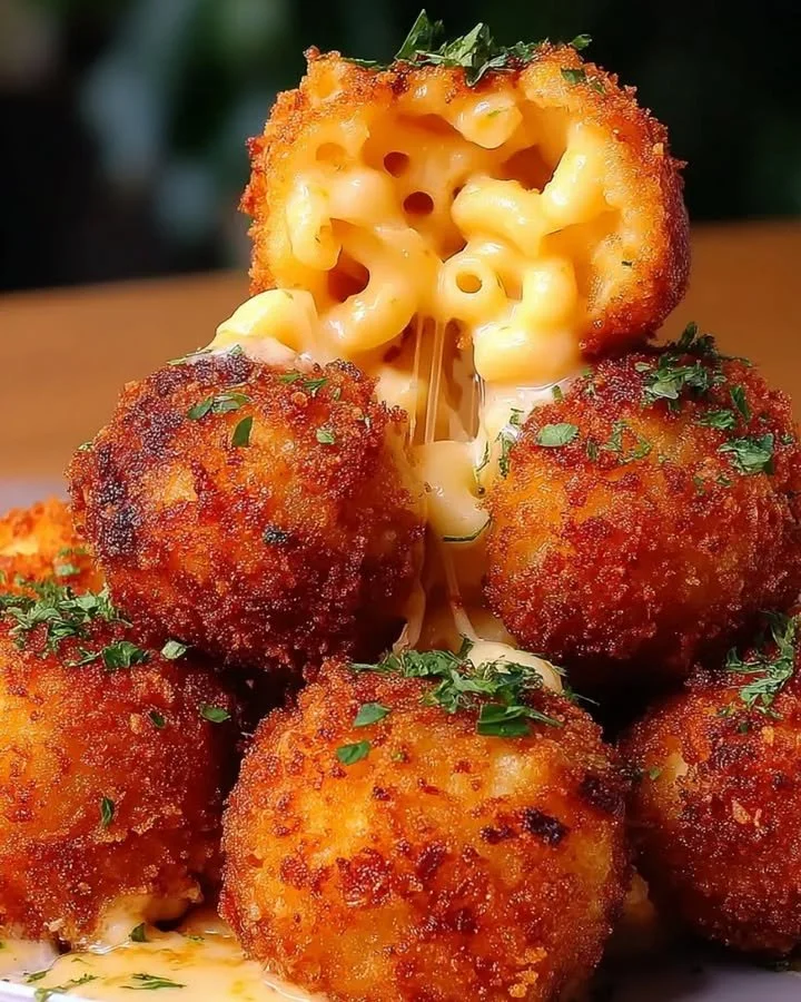 Knusprige Mac & Cheese Bällchen auf einem Teller serviert.