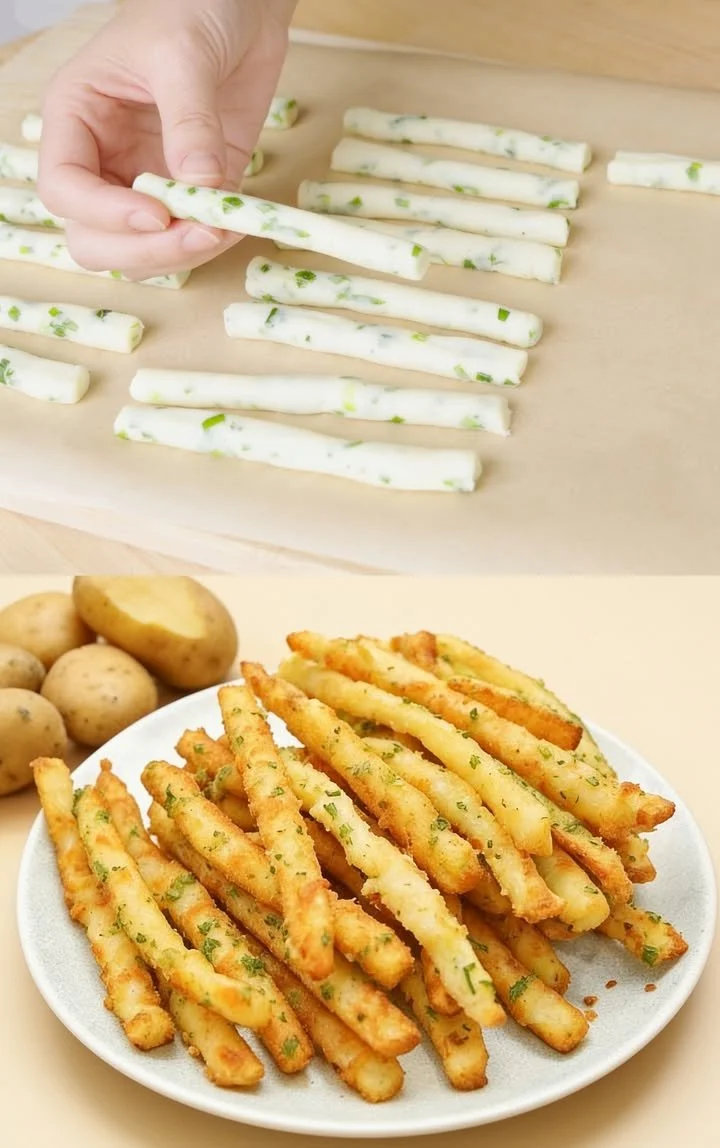 Knusprige Ofen-Kartoffelsticks frisch aus dem Ofen, goldbraun und lecker.