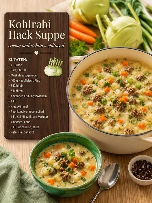 Kohlrabi-Hack-Suppe in einer Schüssel, serviert mit frischen Kräutern.