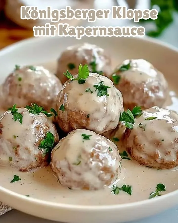 Königsberger Klopse in Kapernsauce serviert auf einem Teller