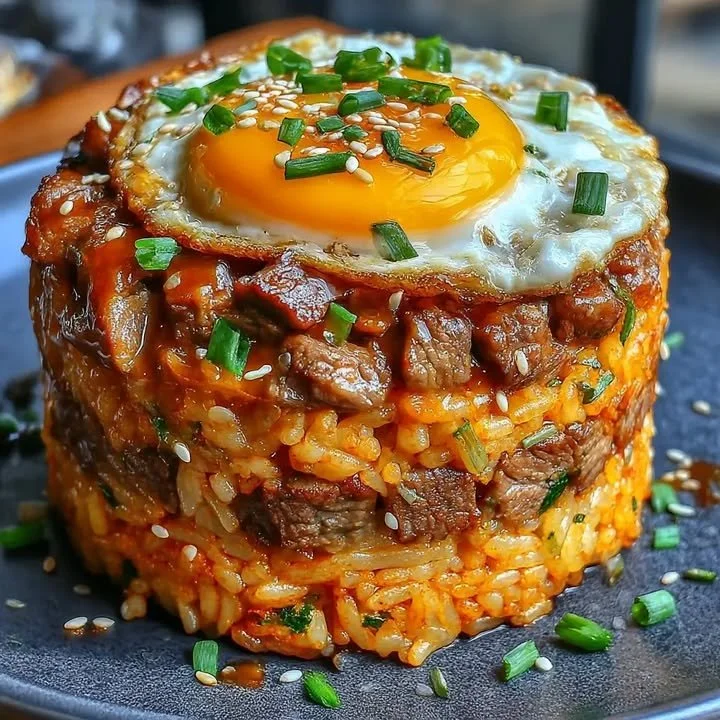 Koreanisches BBQ-Rindfleisch-Reis-Stack auf einem Teller