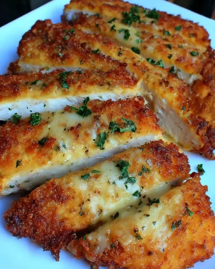 Leckeres Parmesan-Mozzarella-Hähnchen auf einem Teller serviert