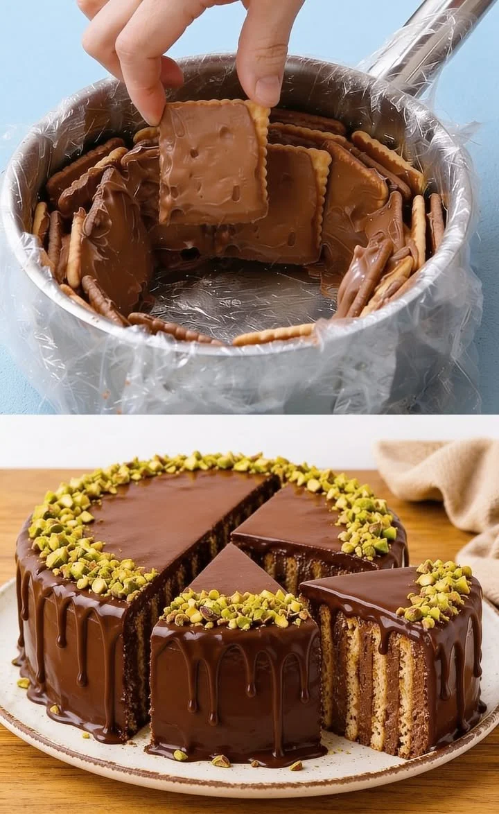 Kühlschrankkuchen mit Butterkeksen auf einem Teller