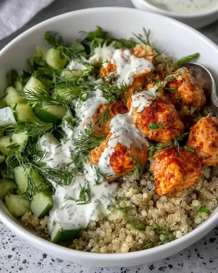 Lachs-Quinoa-Bowl mit Honig-Zitronen-Note, gesunde und köstliche Mahlzeit.