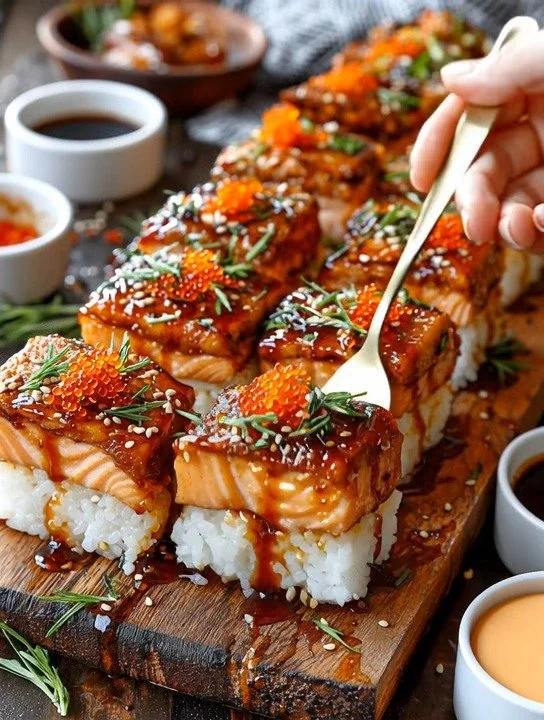 Köstlicher Lachs Sushi Auflauf mit frischem Lachs und Sushi-Inspiration.