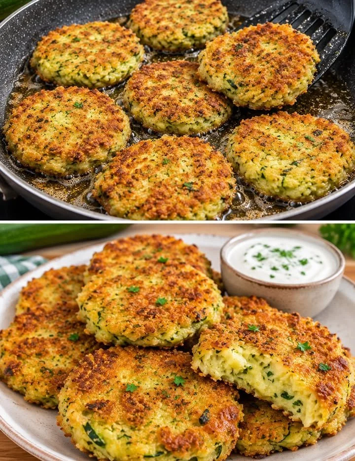 Zucchini Bratlinge mit Knoblauch auf einem Teller serviert