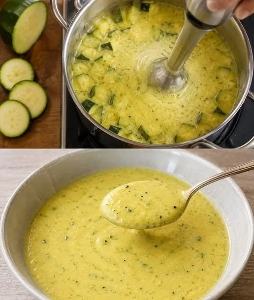 Schüssel mit leckerer Zucchinisuppe, frisch zubereitet mit Kräutern.