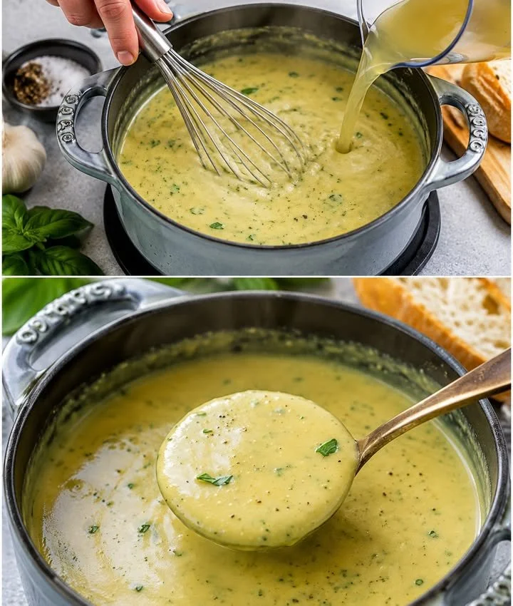 Schüssel mit leckerer Zucchinisuppe, garniert mit frischen Kräutern.