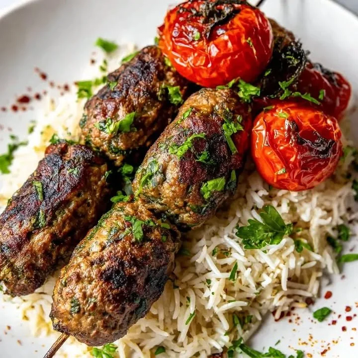 Libanesische Kafta auf dem Grill, zubereitet mit frischen Kräutern und Gewürzen.