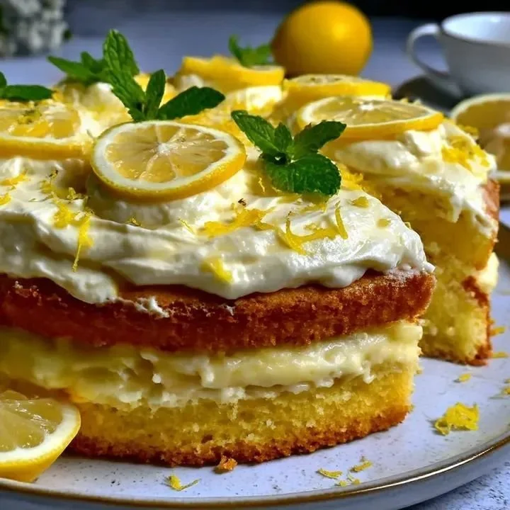 Limoncello Zitruskuchen mit Mascarpone, frisch und appetitlich angerichtet.
