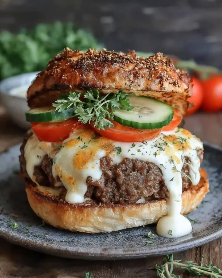 Low Carb Cheeseburger Casserole mit Käse und Gewürzen auf einem Teller