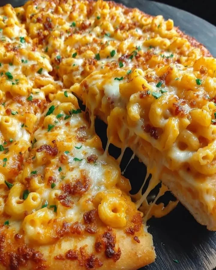 Saftige Macaroni Käse Pizza mit cremigem Käsebelag und knackigem Teig.