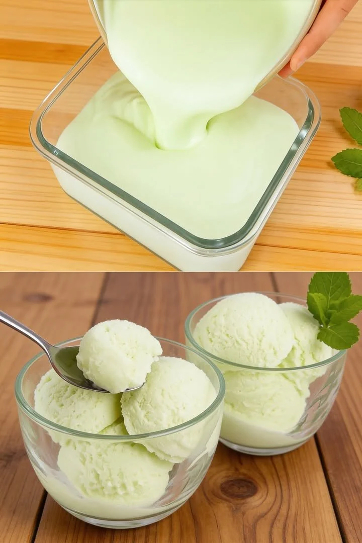 Schüssel mit grünem Minz-Eis ohne Eismaschine serviert