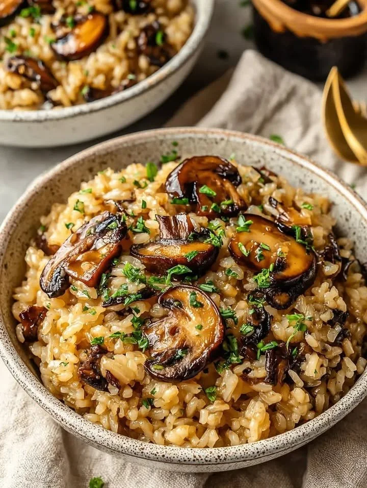 Miso-Pilz-Knusperreis in einer Schüssel, serviert mit frischen Zutaten