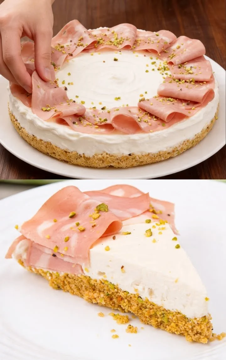Ein leckerer Mortadella-Käsekuchen auf einem Teller, dekoriert mit frischen Kräutern.