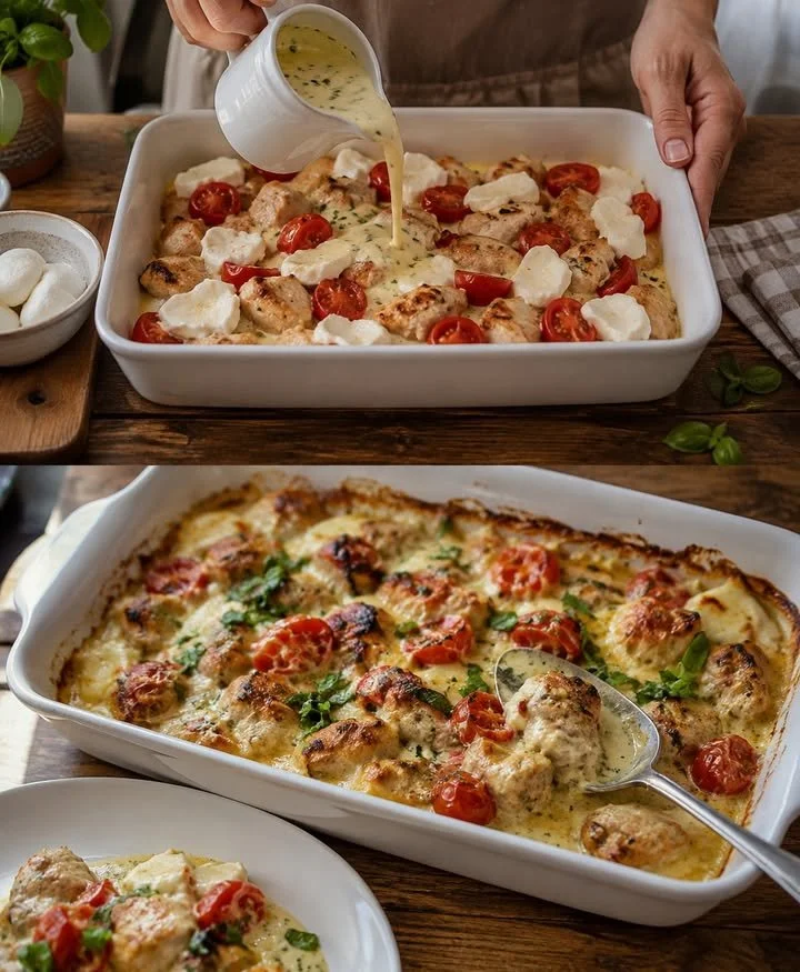 Mozzarella-Hähnchen in einer cremigen Basilikum-Sahnesauce serviert